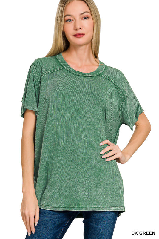 Dark Green Washed Ribbed Short Sleeve Top