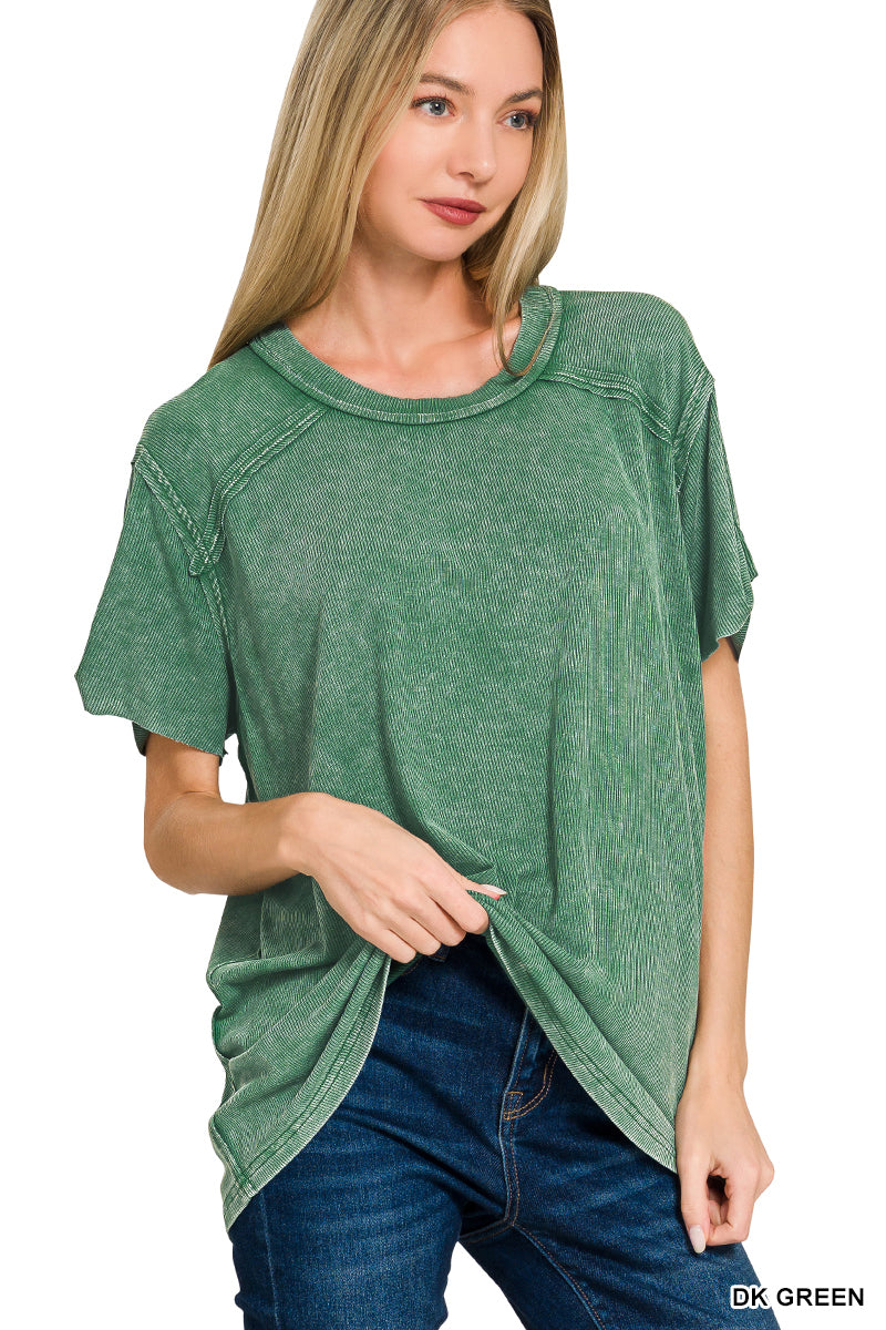 Candy Pink Washed Ribbed Short Sleeve Top