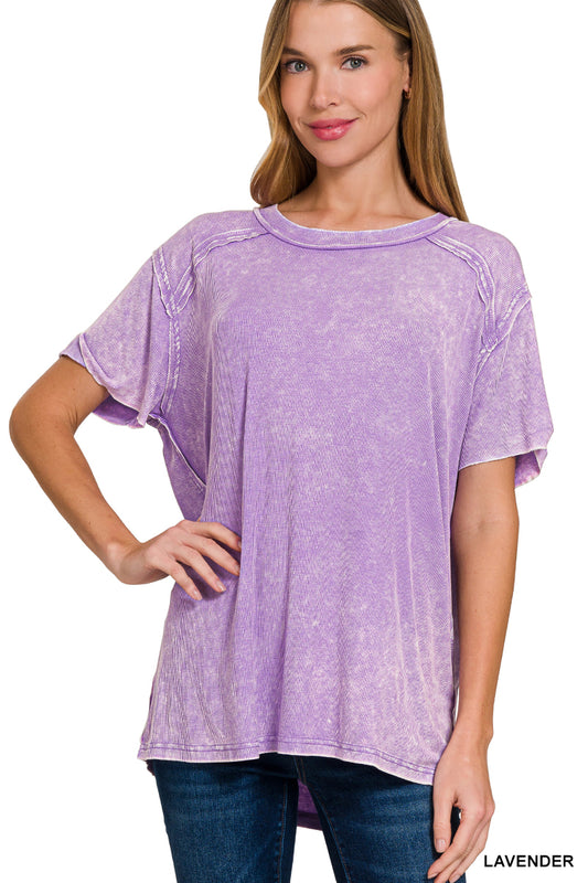 Lavendar Washed Ribbed Short Sleeve Top