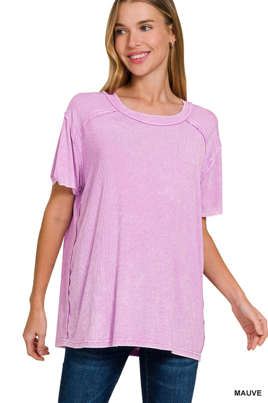 Mauve Washed Ribbed Short Sleeve Top