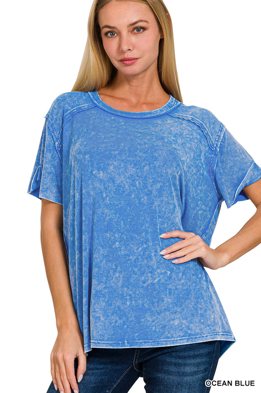 Ocean Blue Washed Ribbed Short Sleeve Top