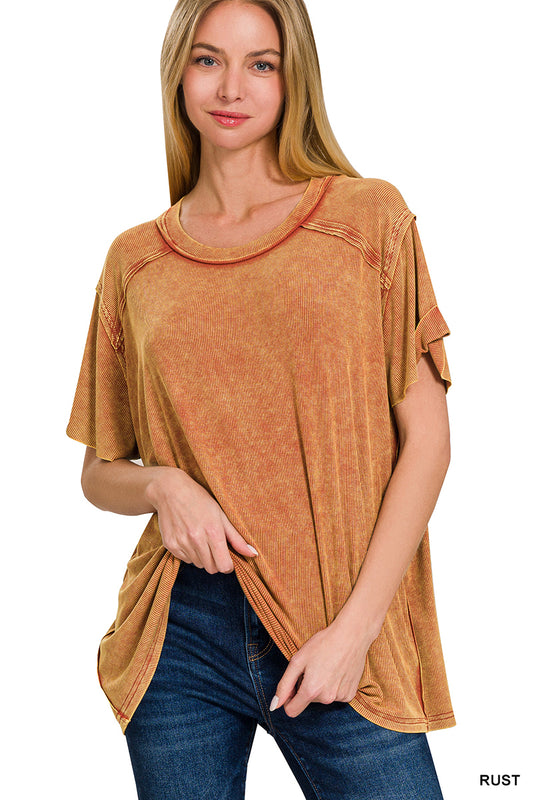 Rust Washed Ribbed Short Sleeve Top