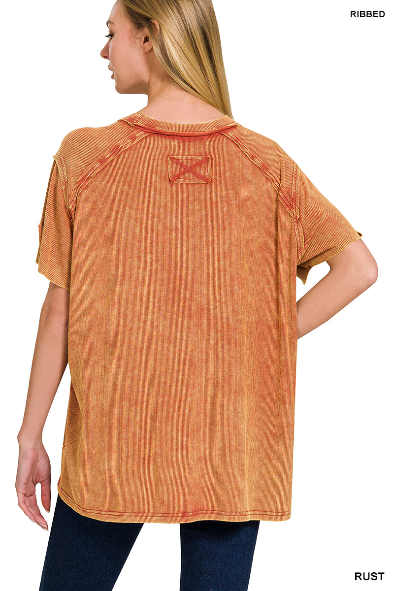 Rust Washed Ribbed Short Sleeve Top