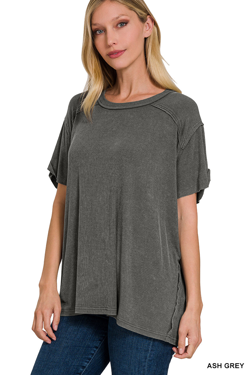 Ash Grey Washed Ribbed Short Sleeve Top