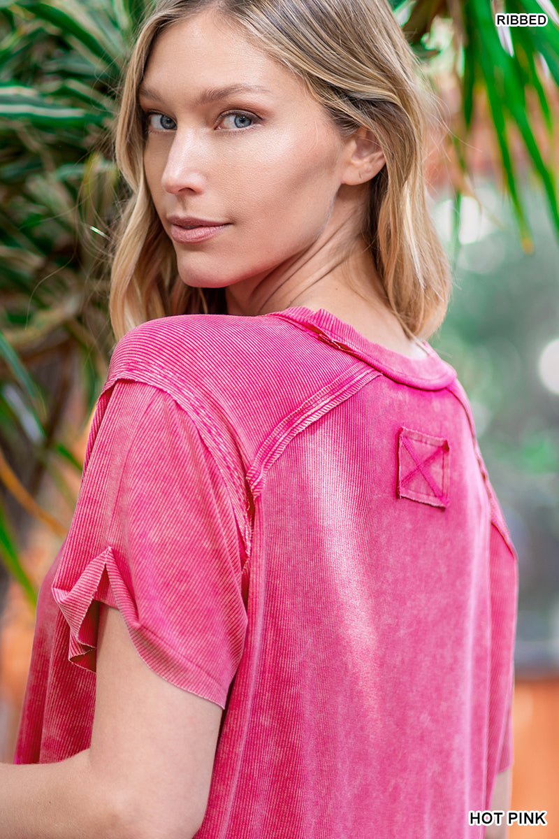Bright Mauve Washed Ribbed Short Sleeve Top