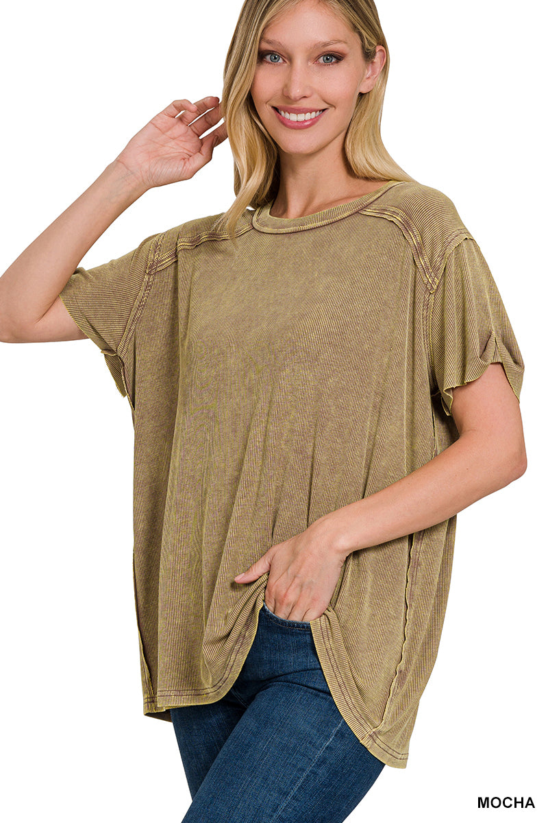 Mocha Washed Ribbed Short Sleeve Top