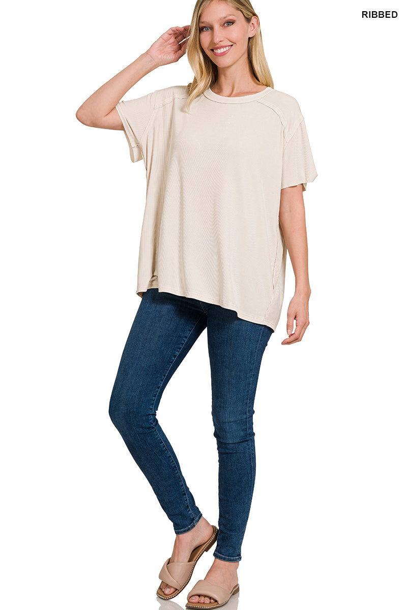 Bright Mauve Washed Ribbed Short Sleeve Top