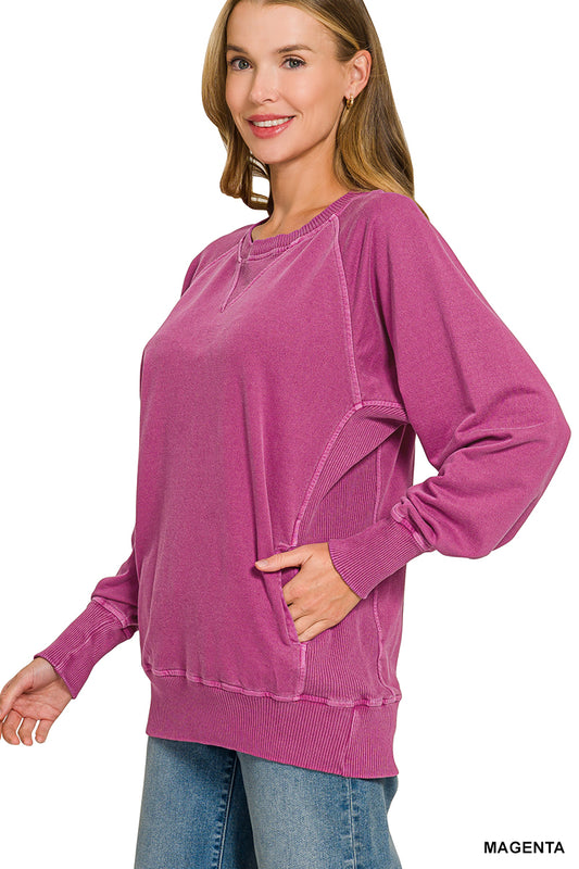 Magenta Acid Washed French Terry Pullover