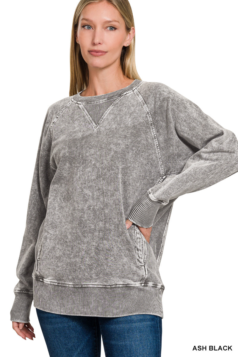 Ash Black Acid Washed French Terry Pullover