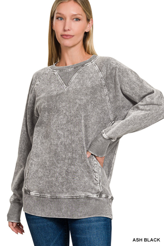 Ash Black Acid Washed French Terry Pullover