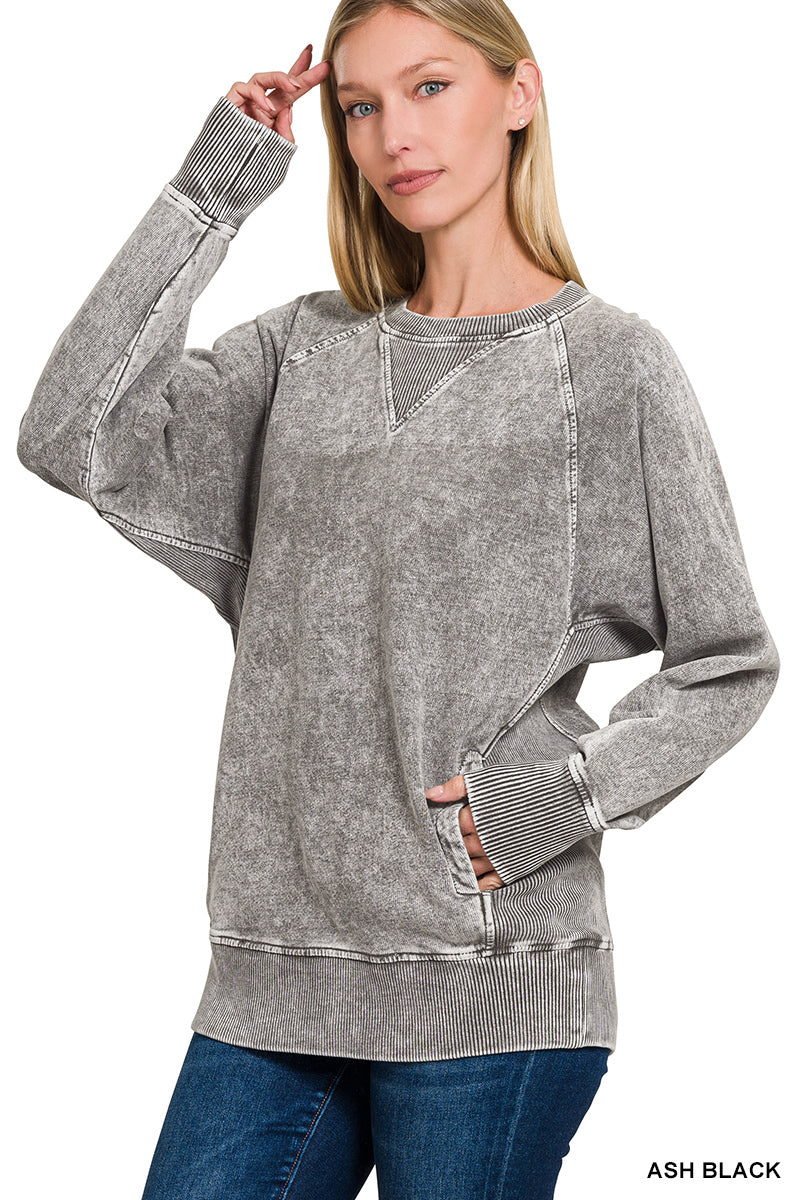 Ash Black Acid Washed French Terry Pullover