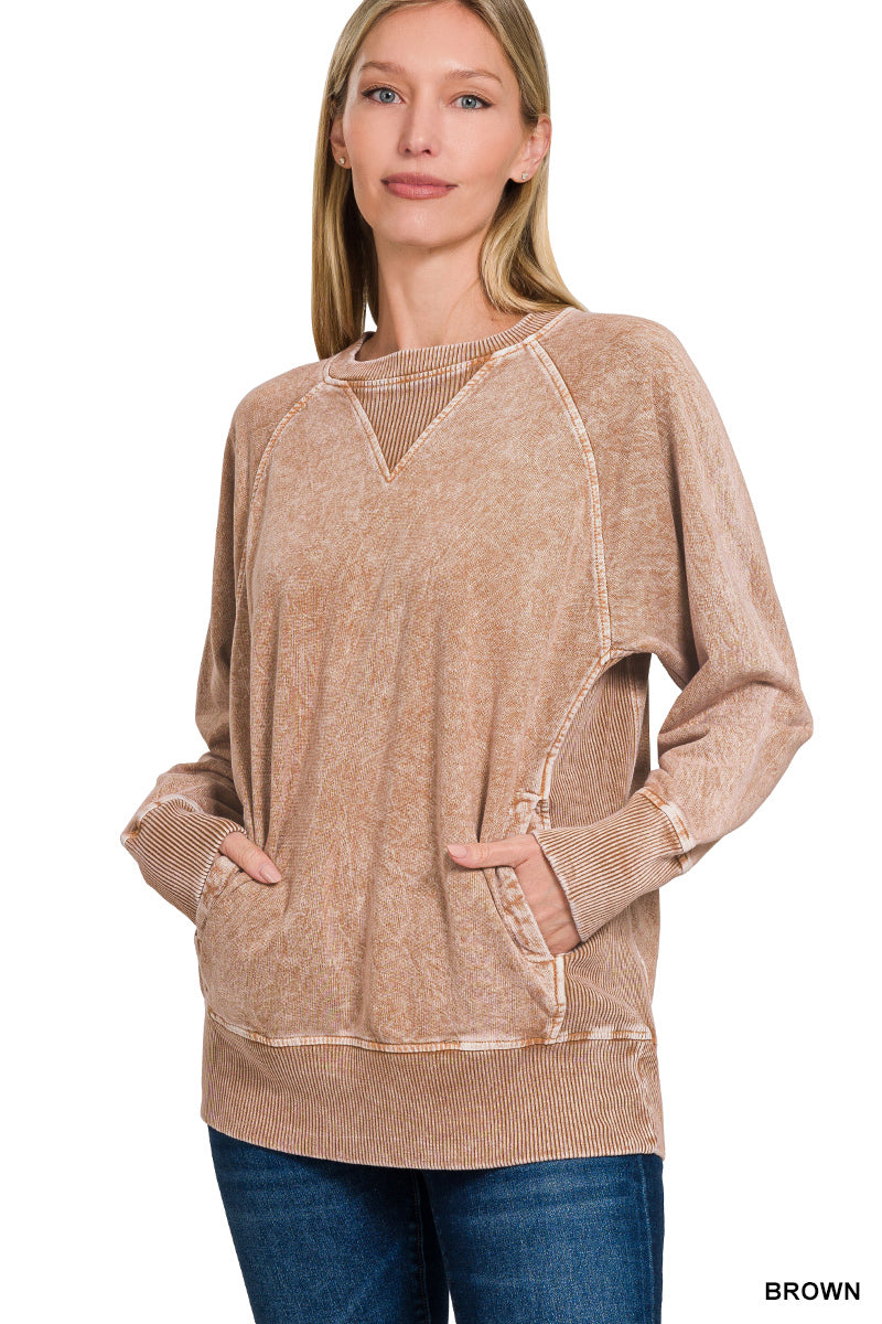 Ash Brown Acid Washed French Terry Pullover