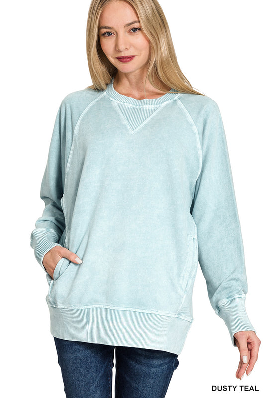 Dusty Teal Acid Washed French Terry Pullover