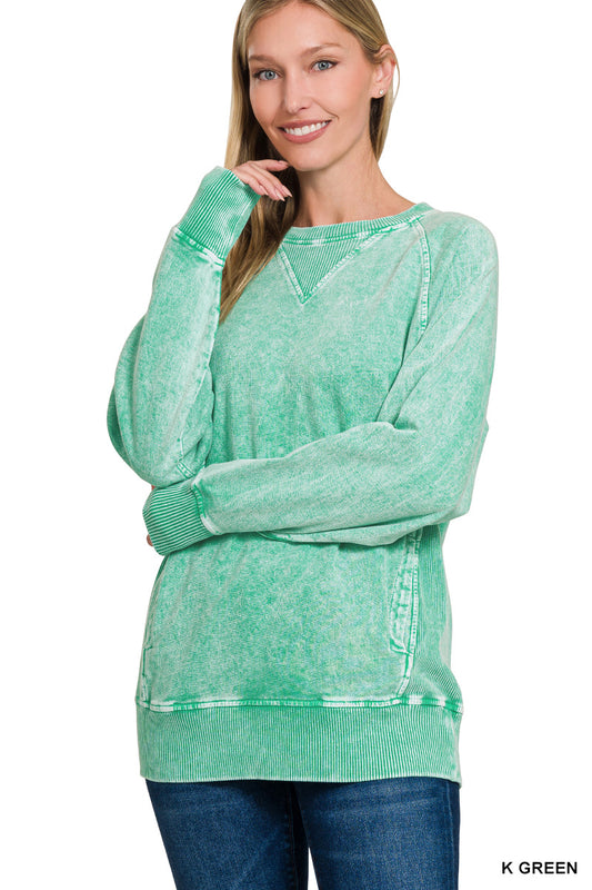 Kelly Green Acid Washed French Terry Pullover