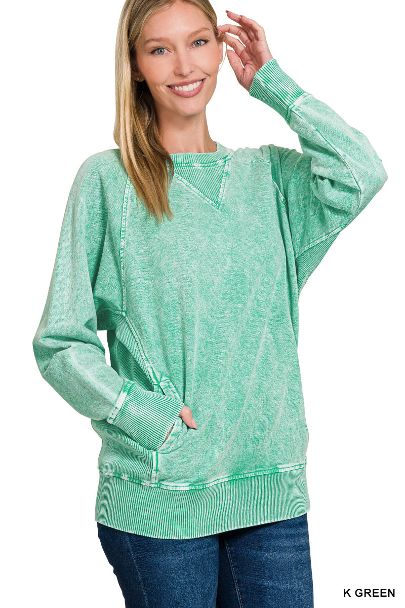 Kelly Green Acid Washed French Terry Pullover