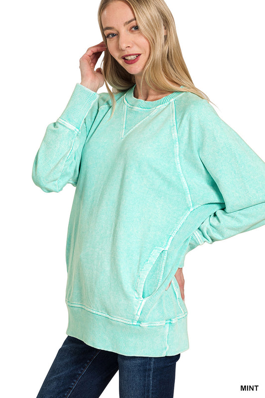 Mint Acid Washed French Terry Pullover