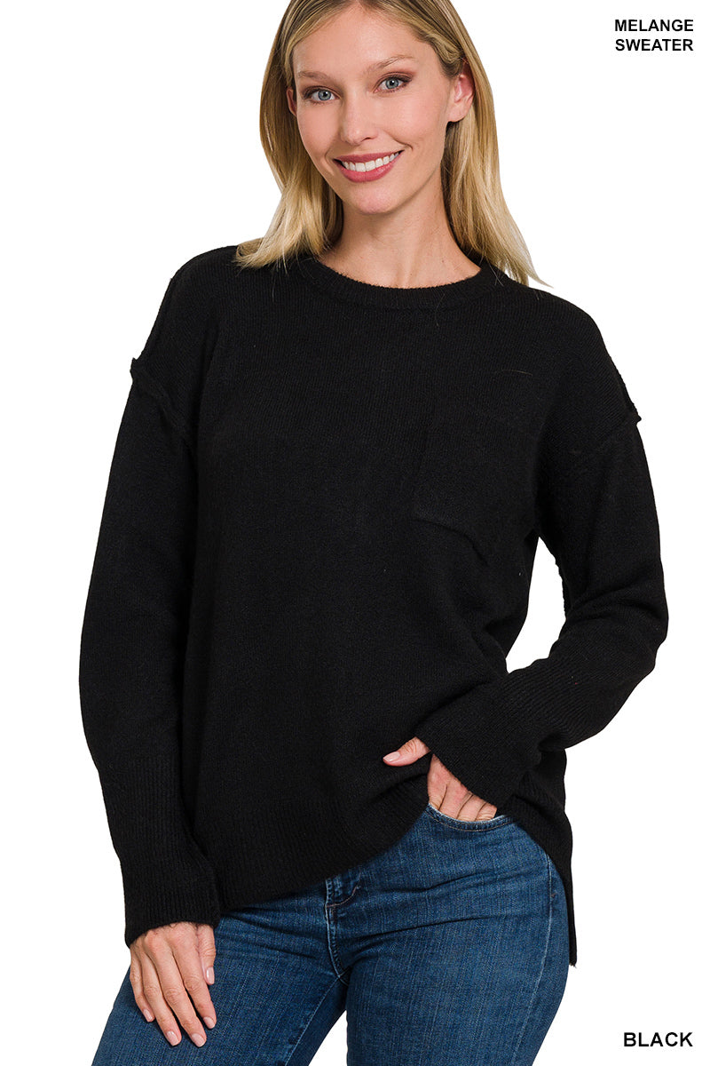 Black Melange Hi-Low Pocket Sweater