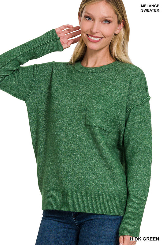 Dark Green Melange Hi-Low Pocket Sweater
