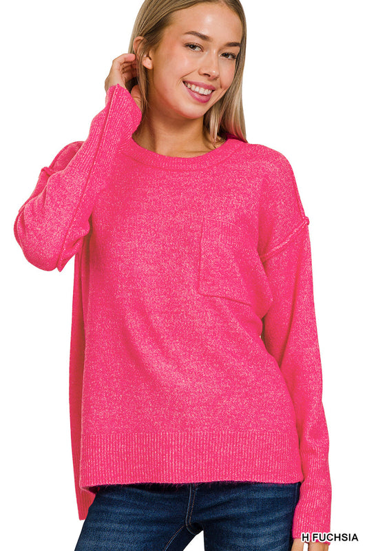 Fushia Melange Hi-Low Pocket Sweater