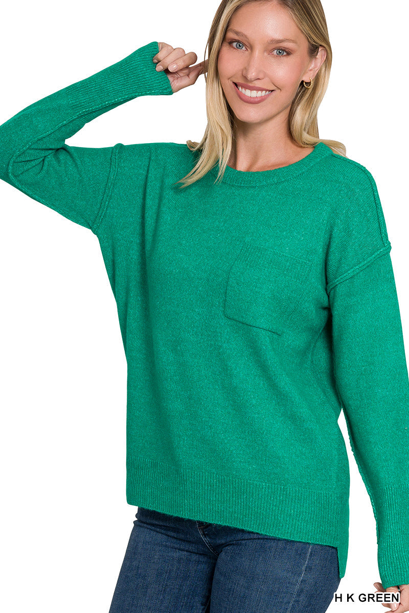 Kelly Green Melange Hi-Low Pocket Sweater