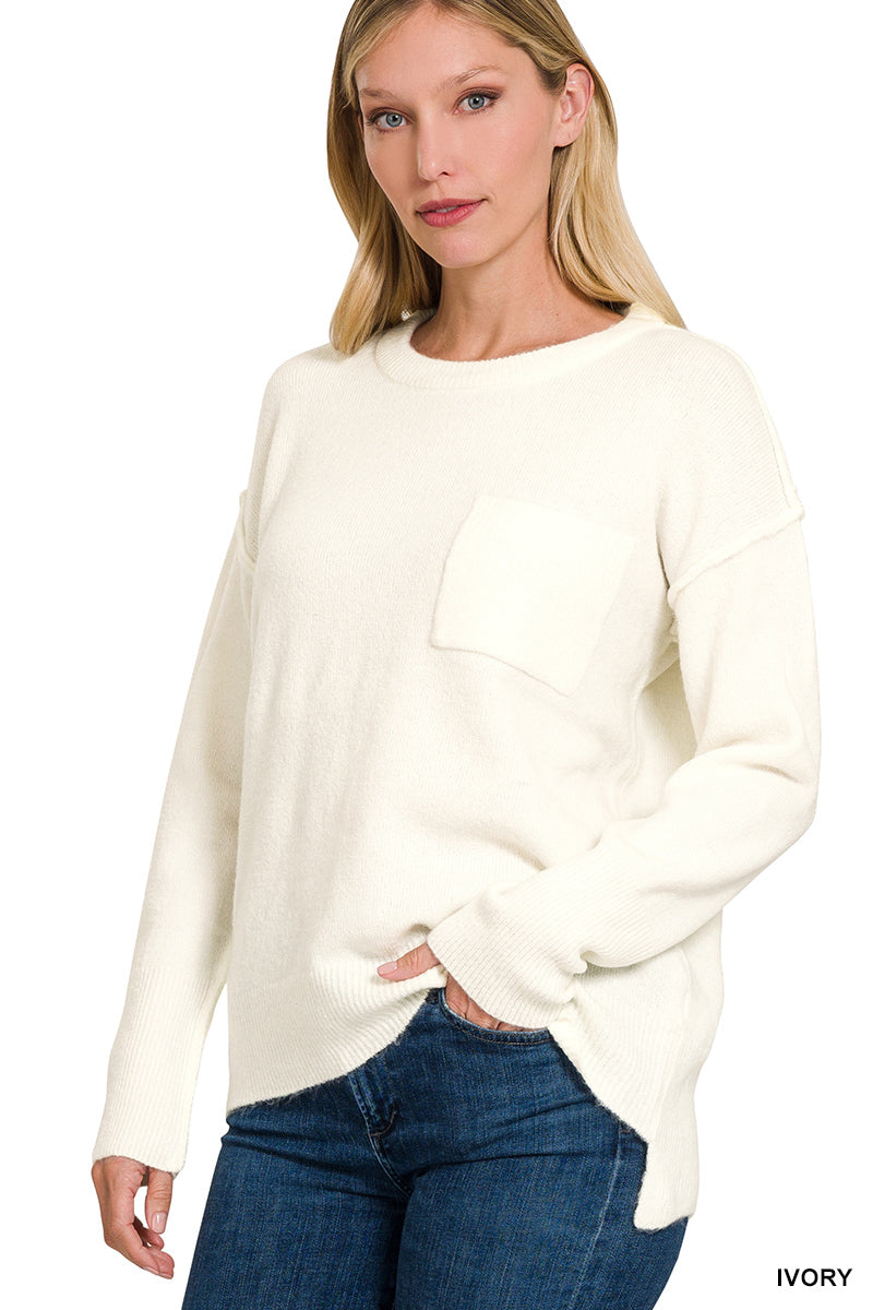 Ivory Melange Hi-Low Pocket Sweater