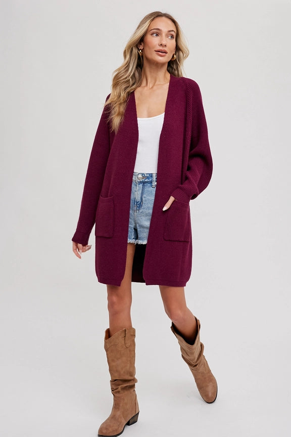 Open Front Batwing Sleeve Cardigan Plum