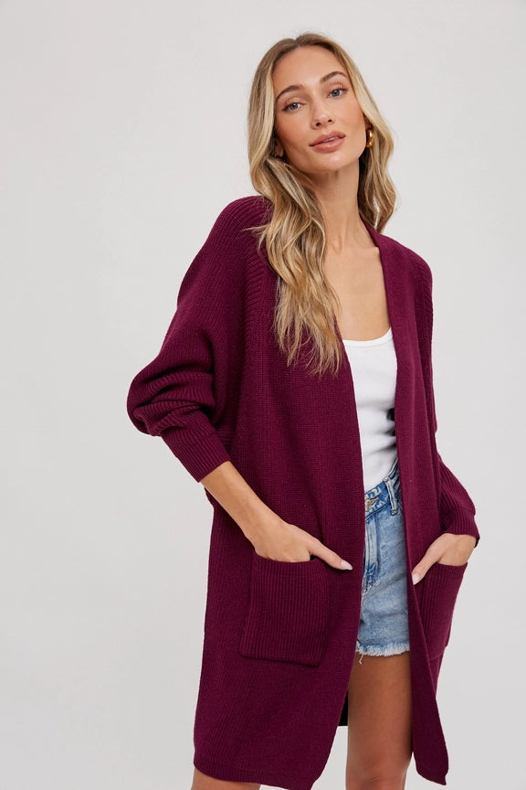 Open Front Batwing Sleeve Cardigan Plum