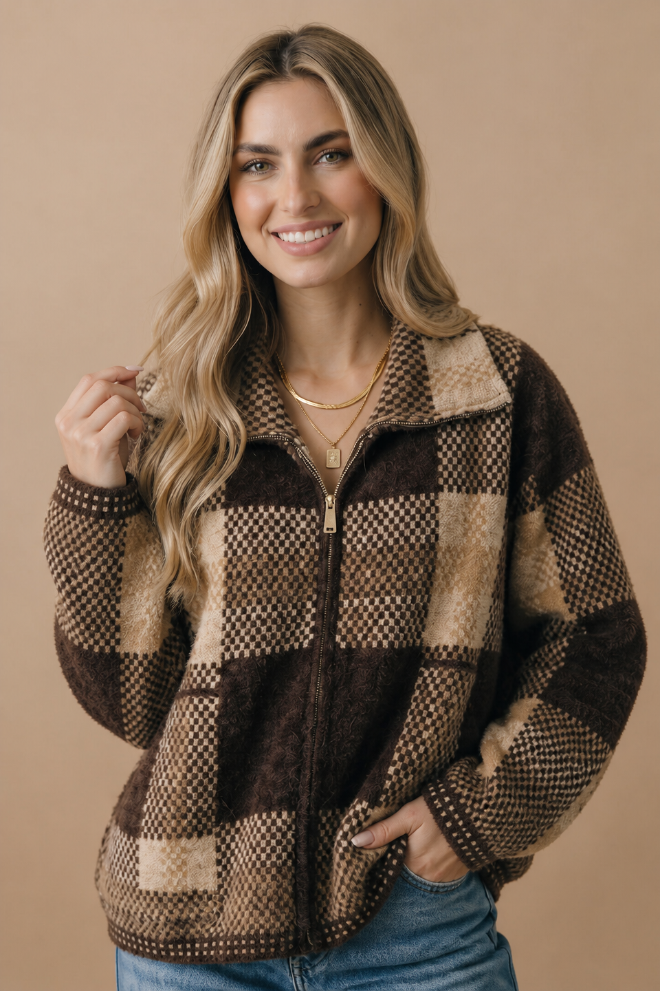 Checkered Jacquard Oversized Fit Jacket