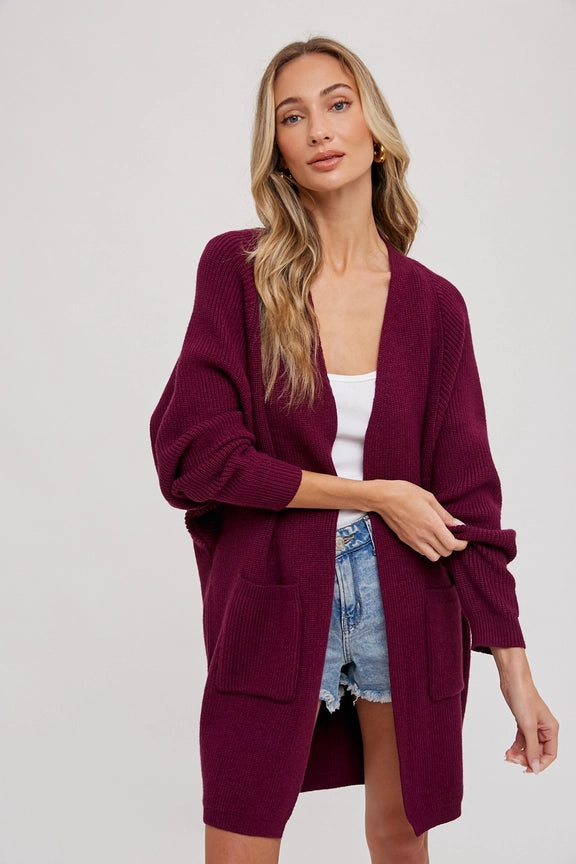 Open Front Batwing Sleeve Cardigan Plum