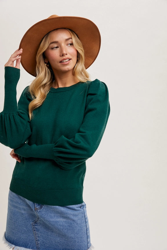 Bubble Sleeved Sweater Knit Top Green