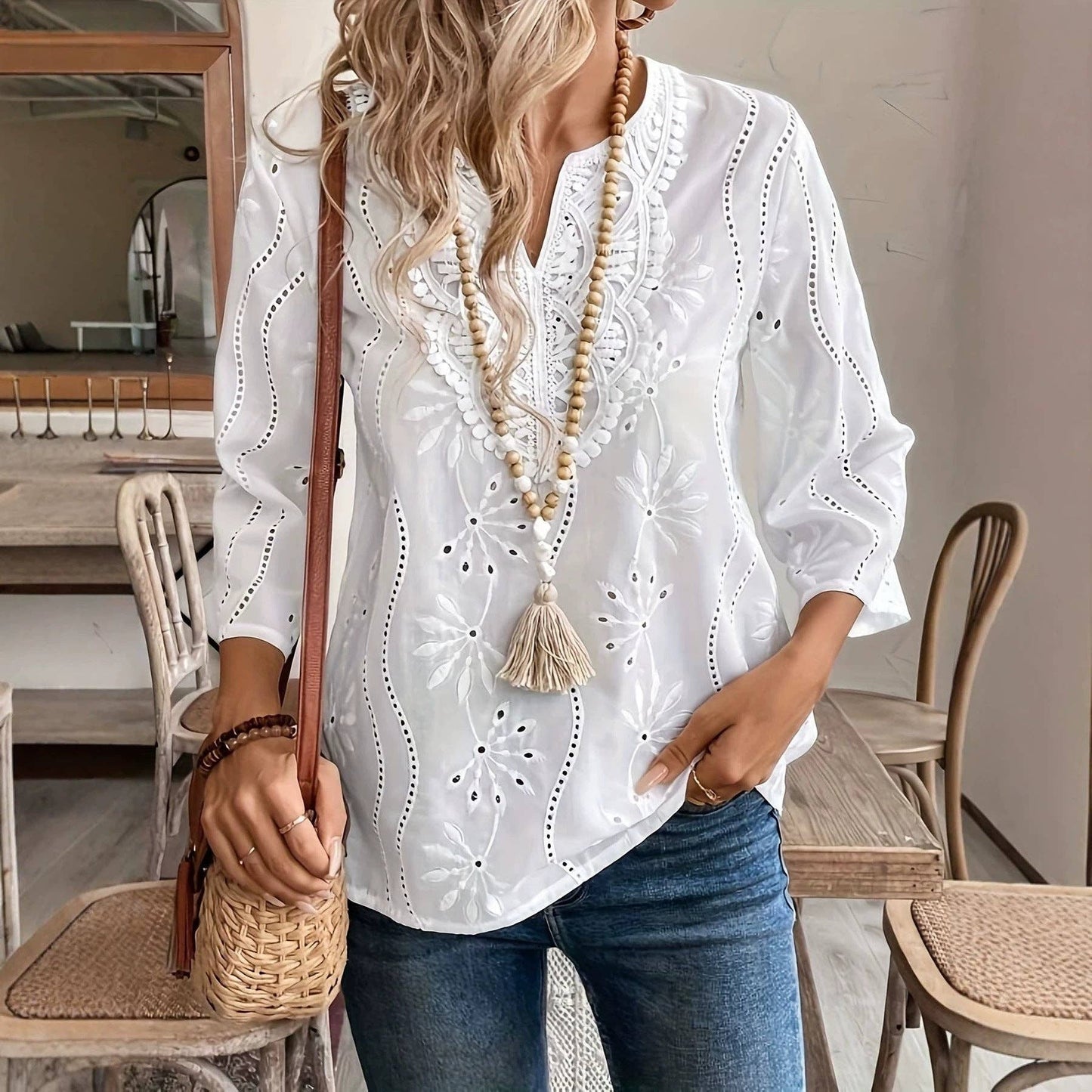 Embroidered Eyelet V Neck Three Quarter Sleeve Blouse