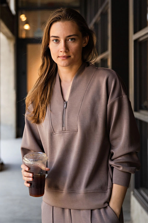 Espresso Modal Scuba Luxe Half Zip Jacket