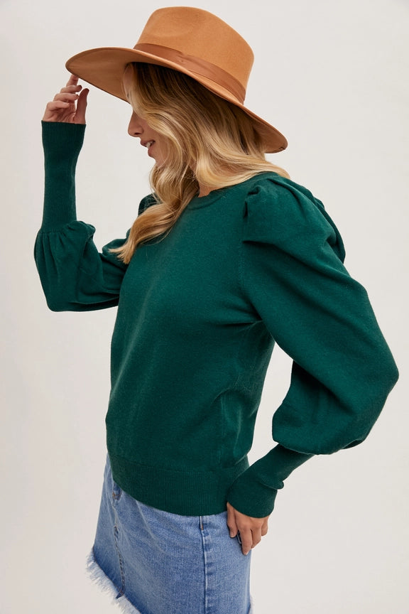 Bubble Sleeved Sweater Knit Top Green