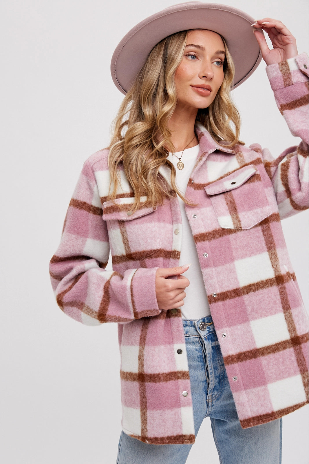 Plaid Brushed Flannel Shacket Mauve