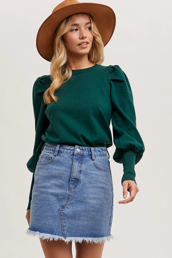 Bubble Sleeved Sweater Knit Top Green