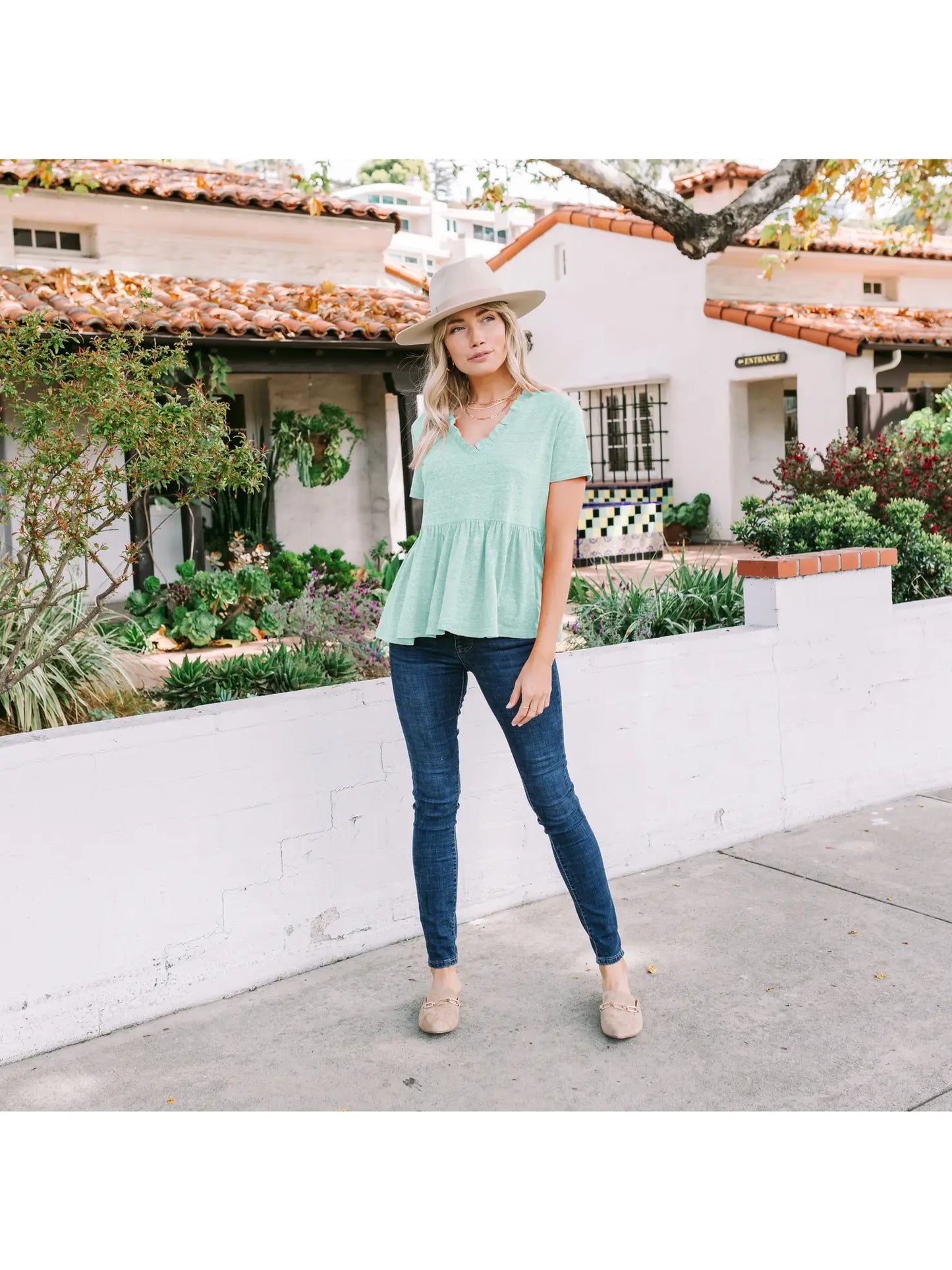 Summer Frills Button Back Blue Top