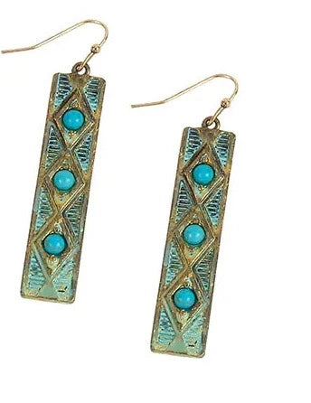 Gold Painted Metal Turquoise Stone Vertical Bar Earring