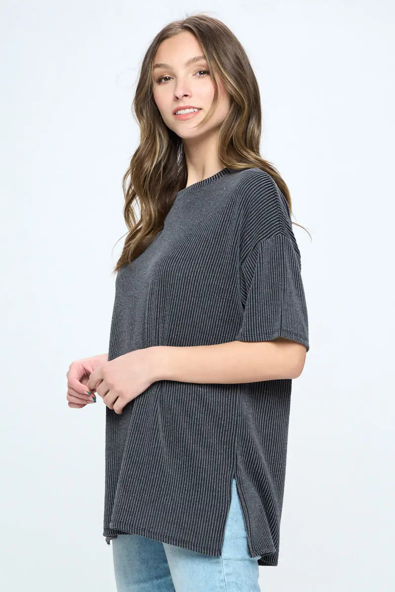 Charcoal Ribbed Scoop Neck Top