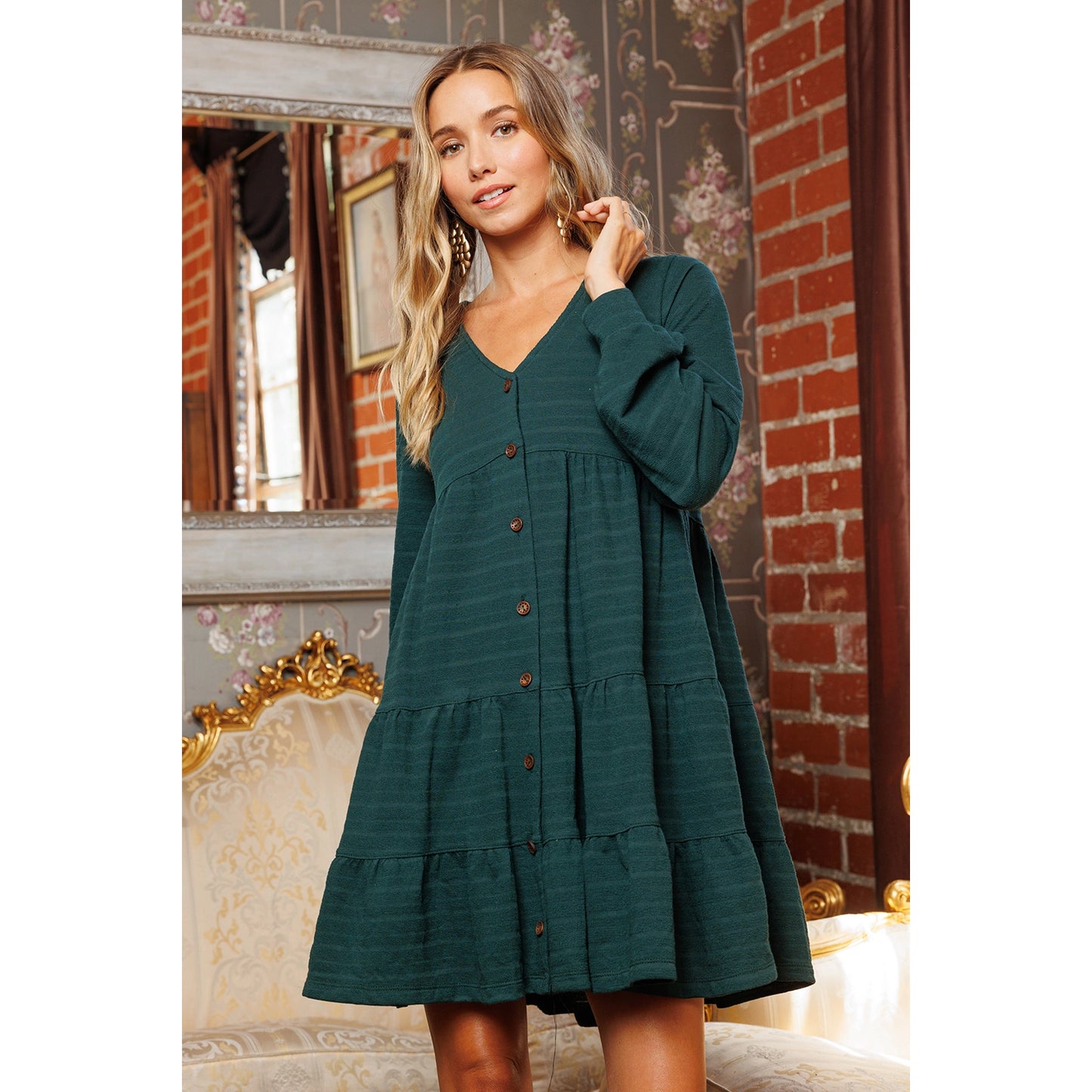 Evergreen Waves Textured Solid Tire Dress