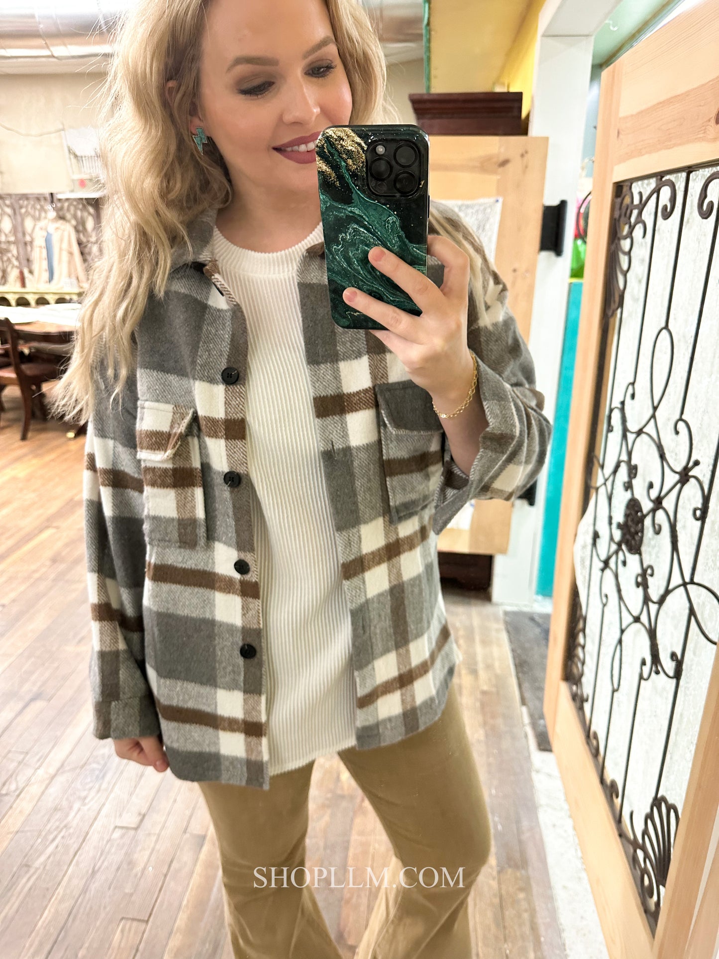 Stormy Camel Plaid Shacket Button Down