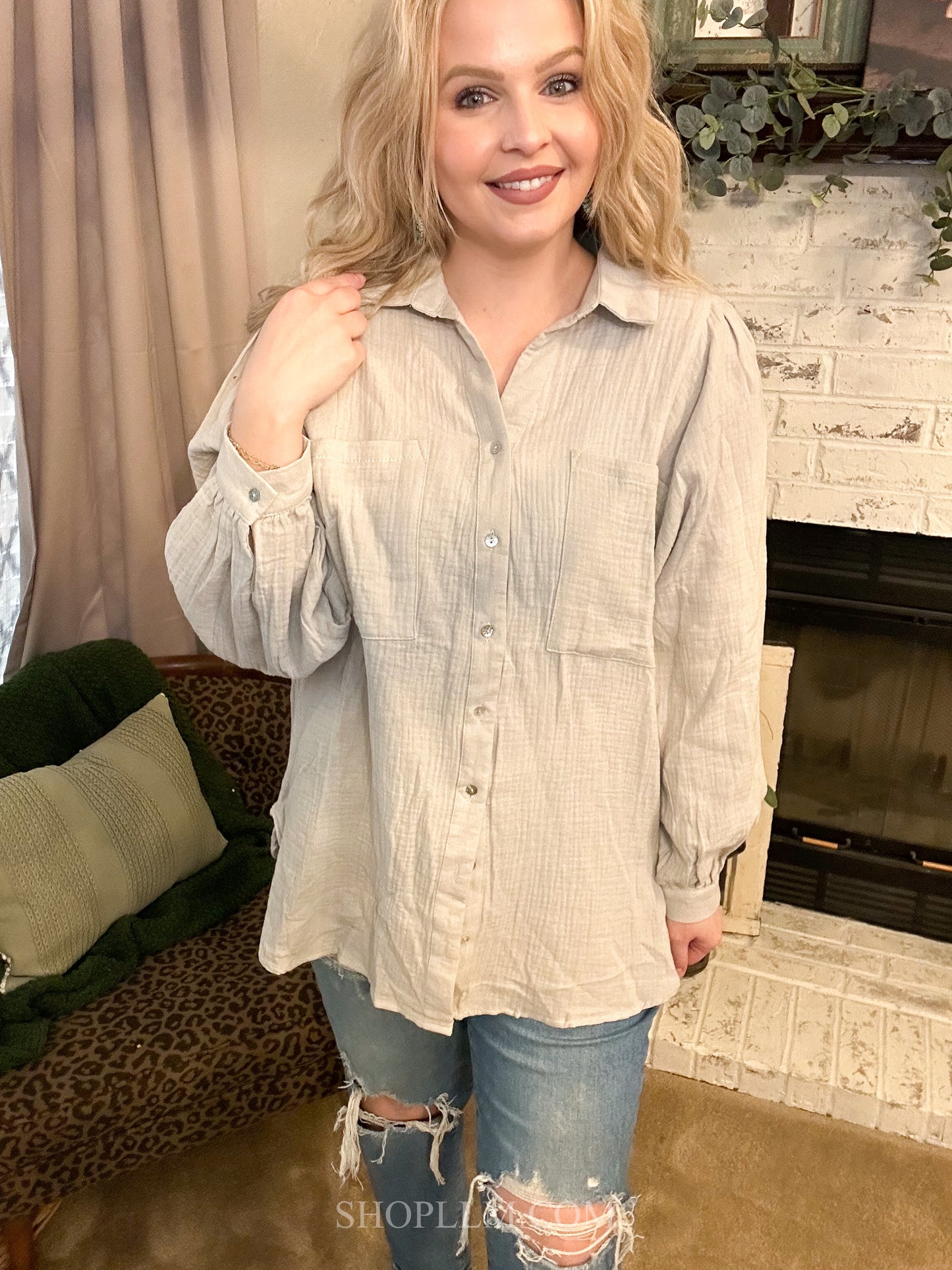Textured Button Down Blouse Top