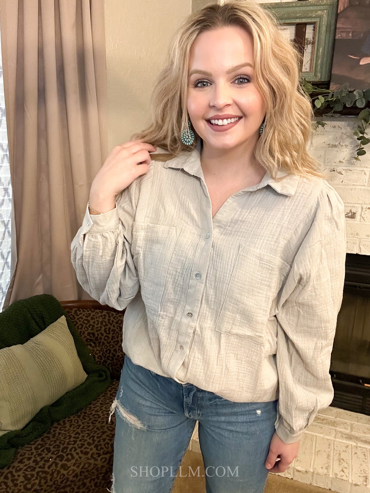 Textured Button Down Blouse Top