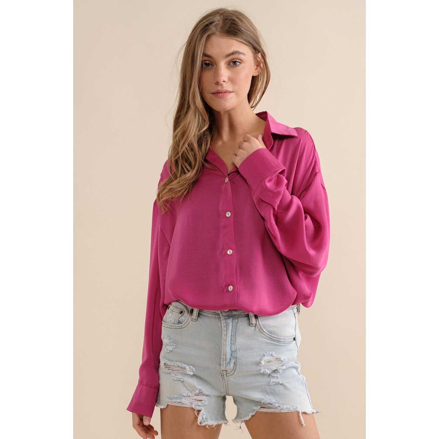Hot Pink Satin Button Down Shirt